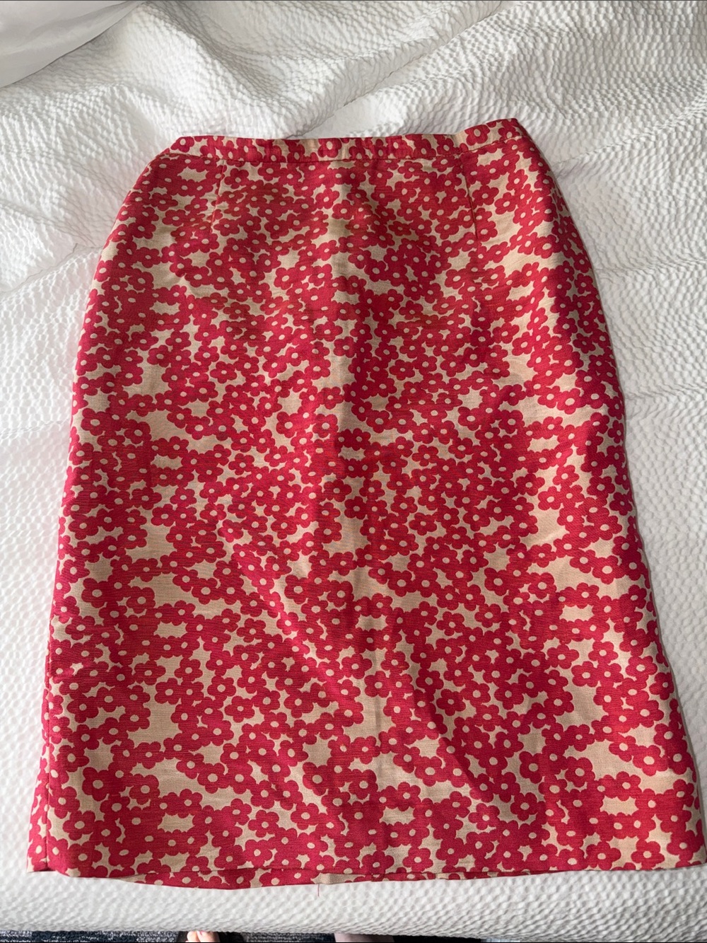 Doncaster Red Floral Cream Pencil Skirt linen silk